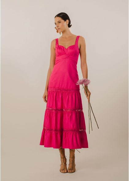Vestido Midi em Sarja Fiore Decote Coração Lara PINK