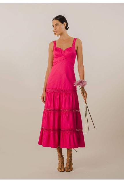 Vestido Midi em Sarja Fiore Decote Coração Lara PINK