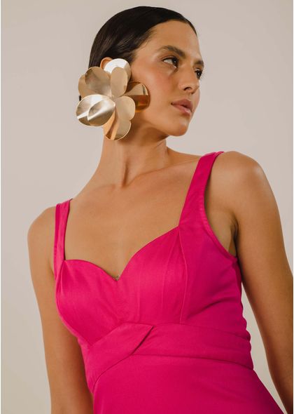 Vestido Midi em Sarja Fiore Decote Coração Lara PINK