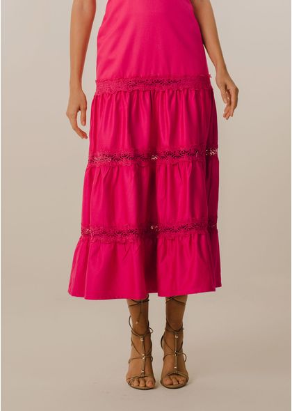 Vestido Midi em Sarja Fiore Decote Coração Lara PINK