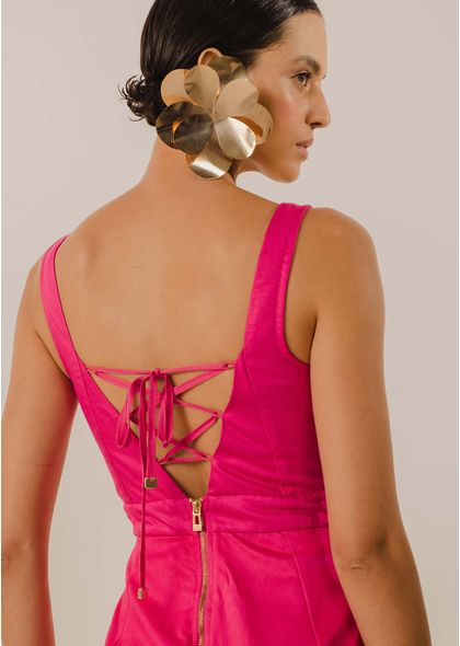 Vestido Midi em Sarja Fiore Decote Coração Lara PINK