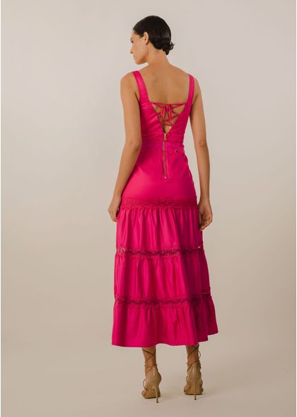 Vestido Midi em Sarja Fiore Decote Coração Lara PINK