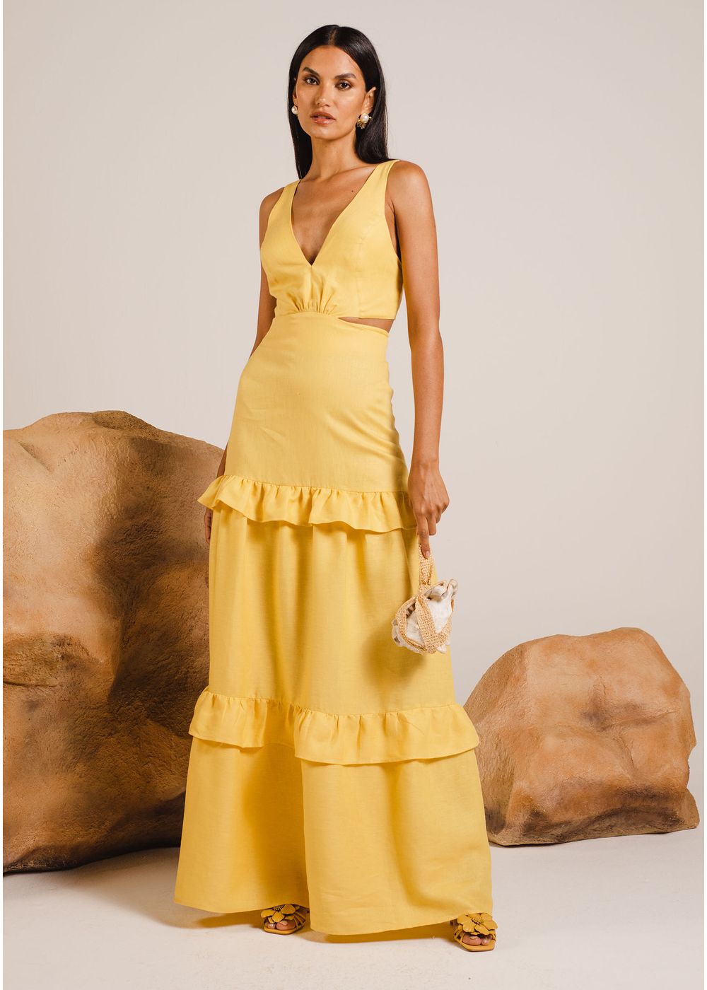 Vestido shops amarelo longo simples