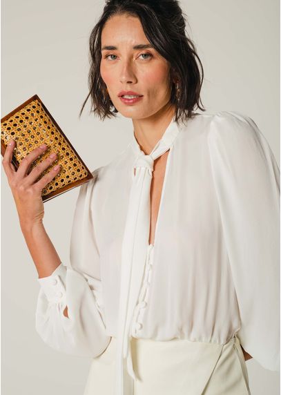 Vestido Curto em Chiffon e Poliuretano Off White