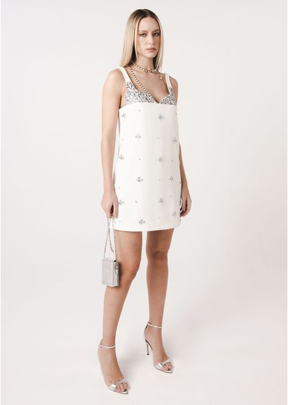 Vestido Curto Alfaiataria Off White com Bordado