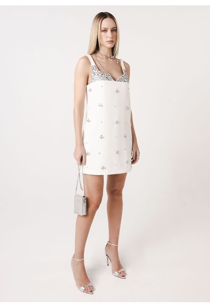 Vestido Curto Alfaiataria Off White com Bordado