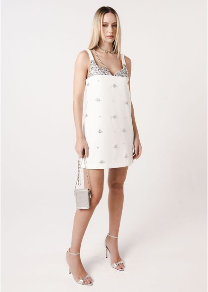 Vestido Curto Alfaiataria Off White com Bordado
