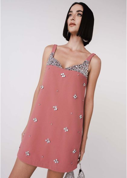 Vestido Curto Alfaiataria Rosa com Bordado