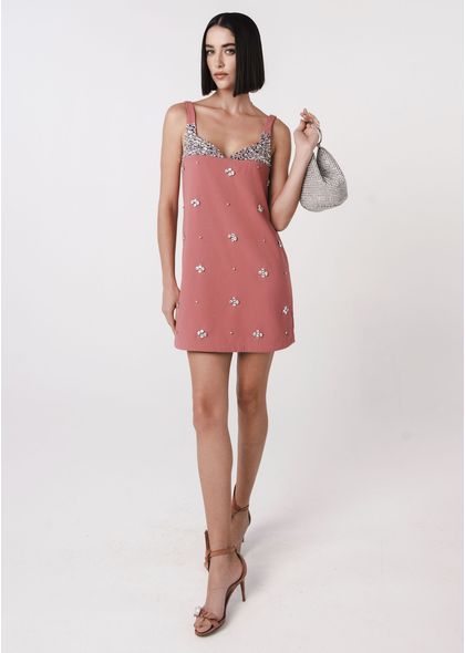 Vestido Curto Alfaiataria Rosa com Bordado