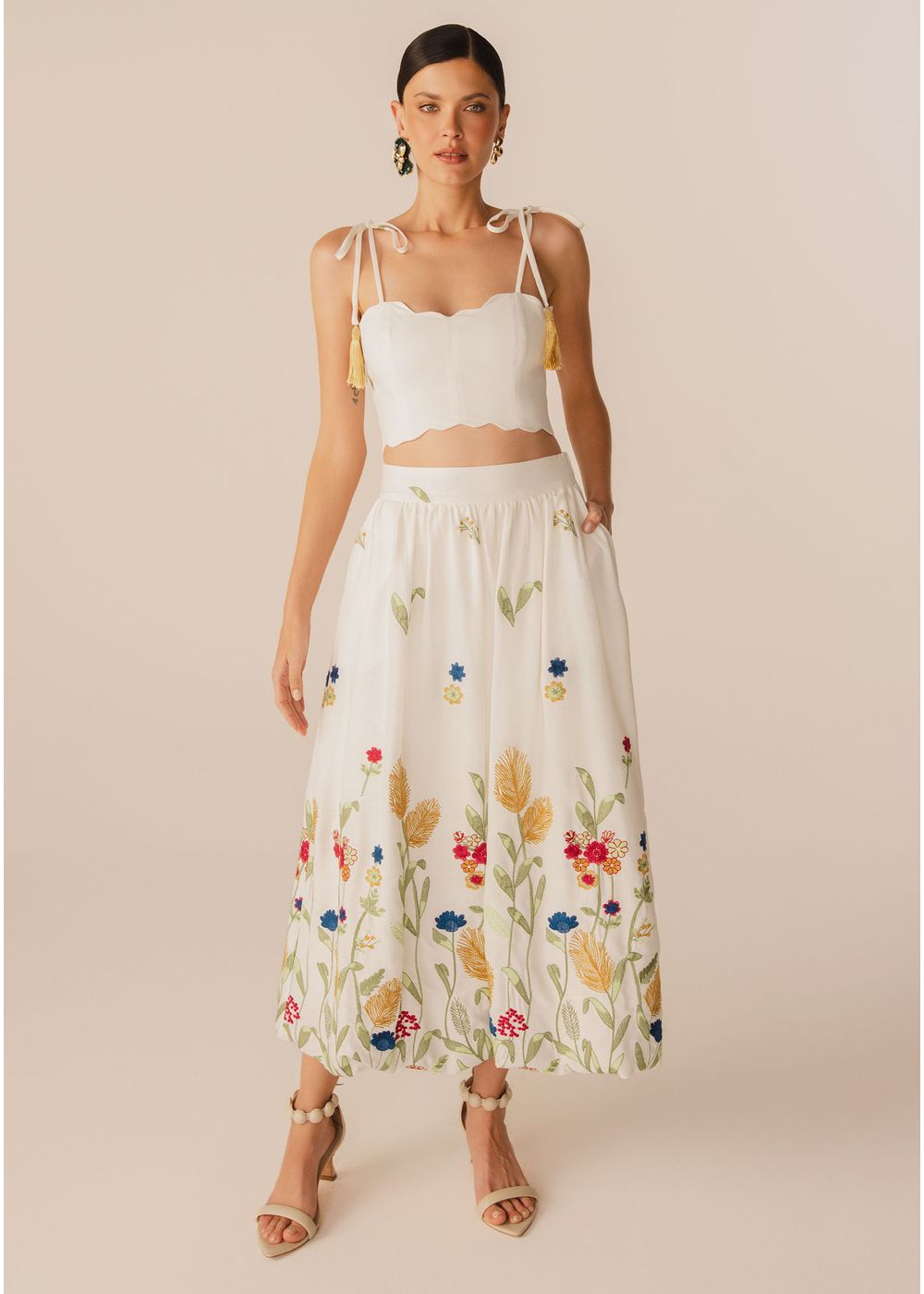 Saia Midi Linho Saia De Linho Estampada Conjunto Cropped E Saia Em