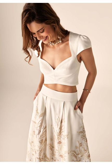 Conjunto Cropped e Saia Bordada Off White Manual main image 0