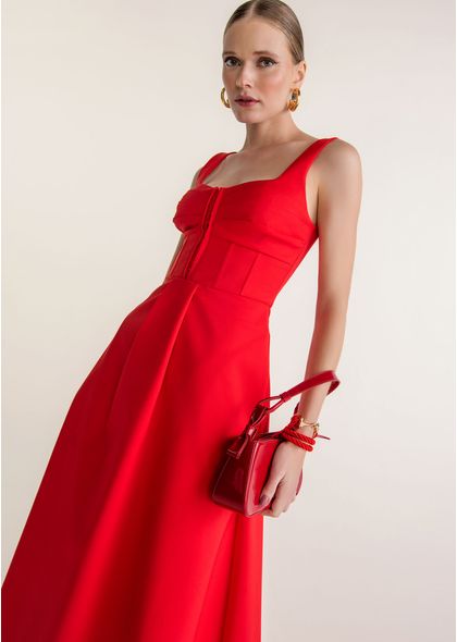 Vestido-Midi-Corset-em-Sarja-Ciampone-Vermelho
