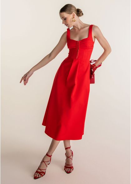 Vestido-Midi-Corset-em-Sarja-Ciampone-Vermelho