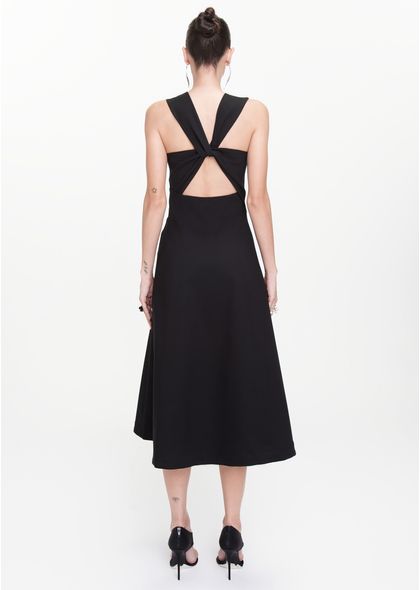 Vestido-Midi-em-Sarja-Estruturada-Trancado-nas-Costas-Guisela-PRETO-002-05412-PP