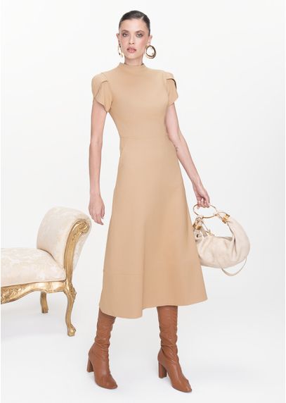 Vestido-Midi-em-Sarja-Estruturada-com-Mangas-Tulipa-Mizaela-CARAMELO-030-05443-GG