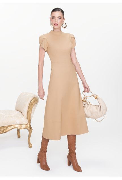 Vestido-Midi-em-Sarja-Estruturada-com-Mangas-Tulipa-Mizaela-CARAMELO-030-05443-GG