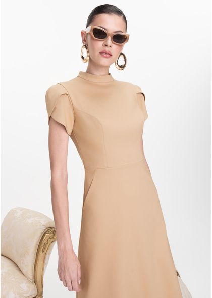 Vestido-Midi-em-Sarja-Estruturada-com-Mangas-Tulipa-Mizaela-CARAMELO-030-05443-GG