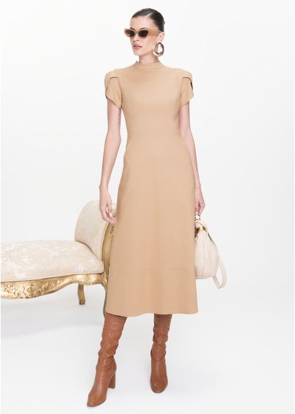 Vestido-Midi-em-Sarja-Estruturada-com-Mangas-Tulipa-Mizaela-CARAMELO-030-05443-GG