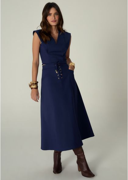 Saia-Midi-em-Sarja-Estruturada-Evase-Lace-Up-Benedita-MARINHO-036-05486-PP