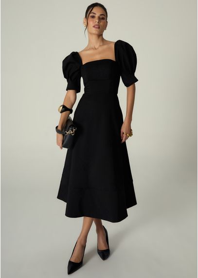 Vestido-Midi-em-Sarja-Estruturada-Gode-com-Mangas-Melani-PRETO-002-05481-PP