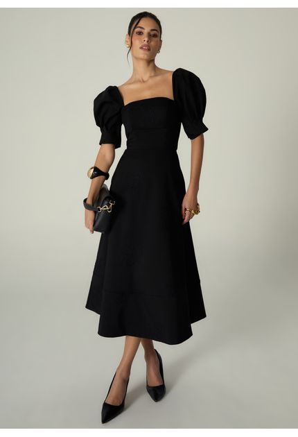 Vestido-Midi-em-Sarja-Estruturada-Gode-com-Mangas-Melani-PRETO-002-05481-PP
