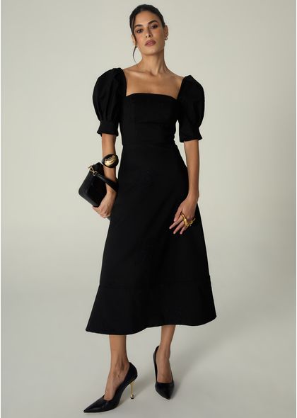 Vestido-Midi-em-Sarja-Estruturada-Gode-com-Mangas-Melani-PRETO-002-05481-PP
