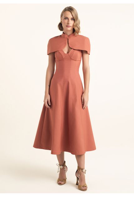 Vestido-Midi-em-Sarja-Estruturada-Evase-com-Capa-Erminia-LARANJA-011-05545-PP
