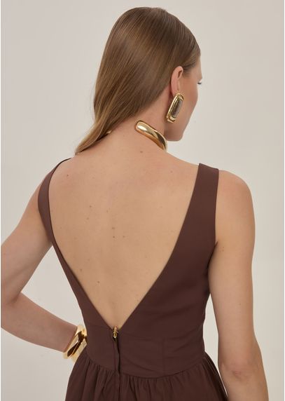 Vestido-Midi-Evase-em-Tricoline-com-Decote-em-V-Bolena-MARROM-015-05567-PP