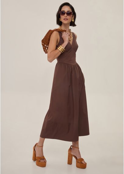 Vestido-Midi-Evase-em-Tricoline-com-Decote-em-V-Bolena-MARROM-015-05567-P